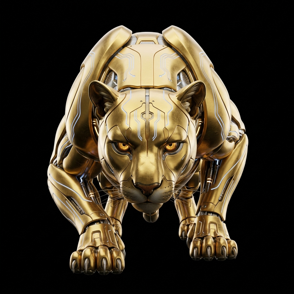 Agente Panther — puma dourada cibernética em posição de espreita